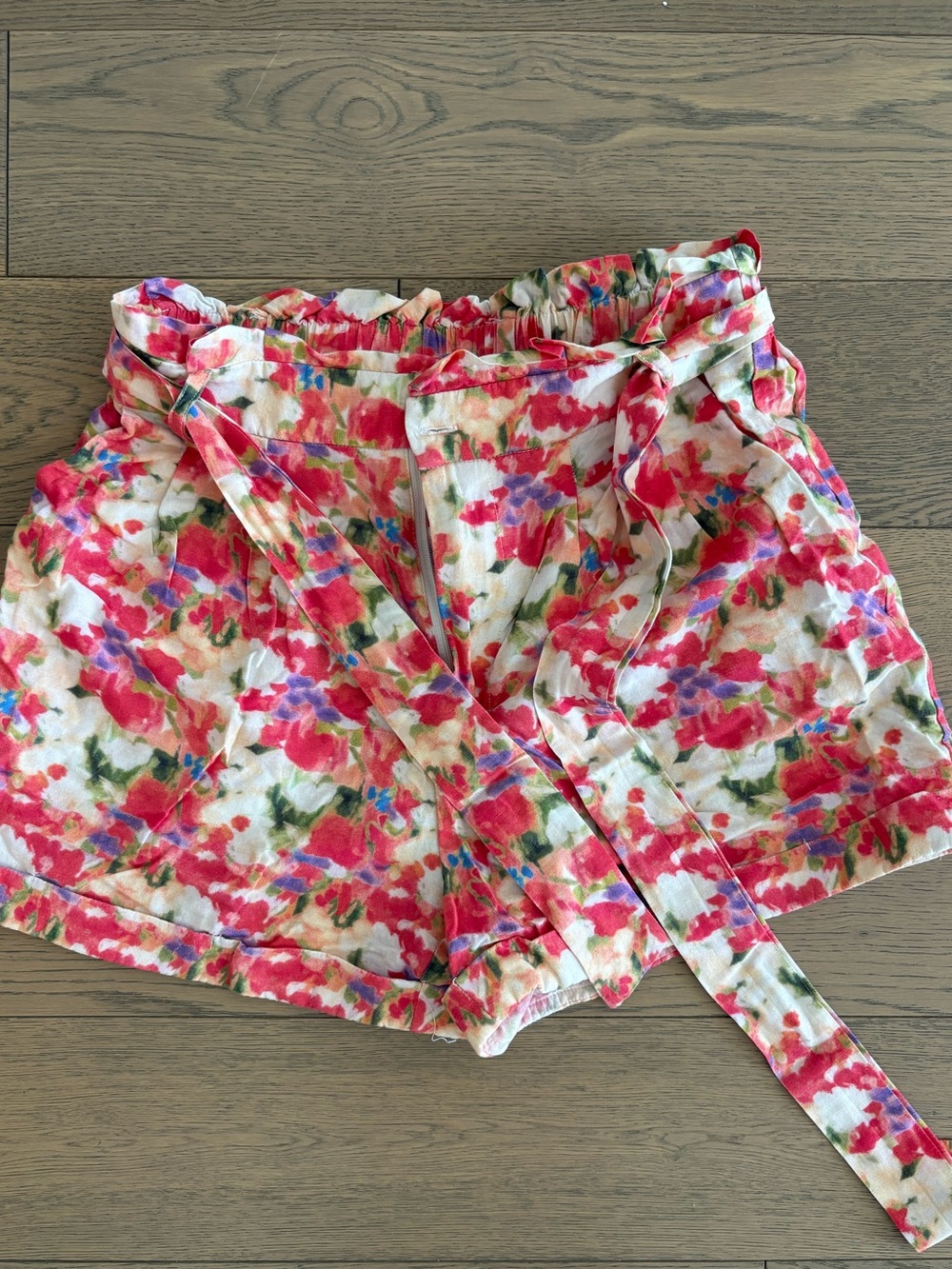 High-Waist Floral Tie-Belt Women's Shorts - Pink Multi